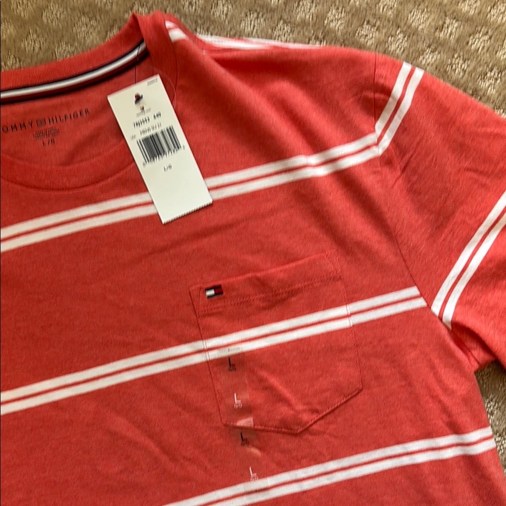 Tommy Hilfiger Men's Orange-Red Striped Shirt - Picture 3 of 7